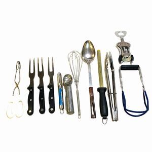 Kitchen Utensils Lot 12 Scoop Tongs Forks Spoon Whisk Sharpener Opener Peeler